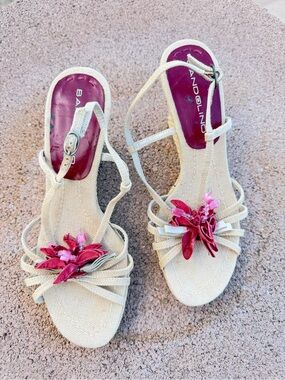 Bandolino Beige Strappy Heels with Pink Floral Accent